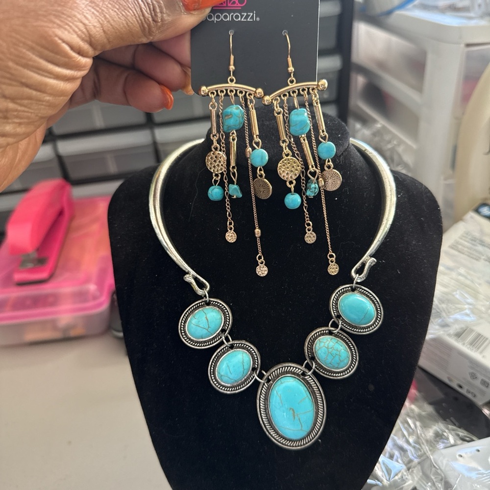 Paparazzi Turquoise and Gold/silver 2 Necklaces, Earrings and Bracelet 4 pc Set